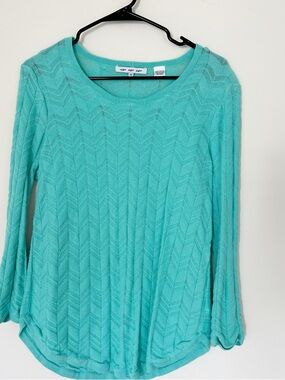 Turquoise Blue Women Lightweight Knit Top Medium Cotton Coverup Spring Summer